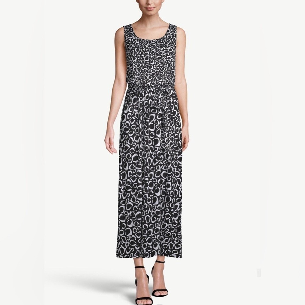 Chico's Womens Printed Knit Tie Waist Maxi Dress Black White 2 12/14 570290677